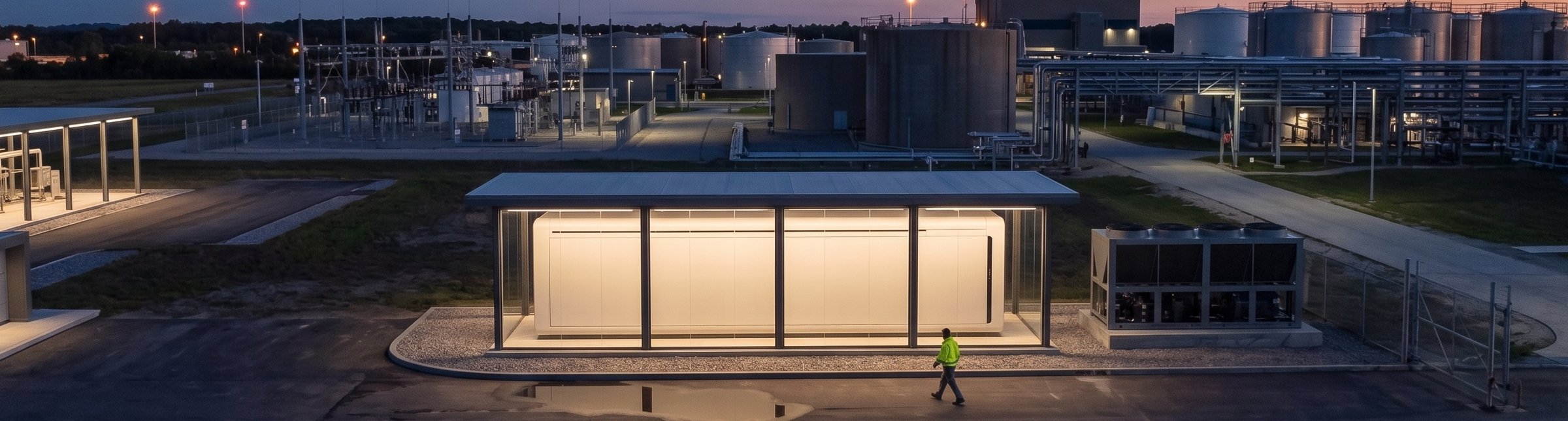 MicroLink pod lit at dusk inside a treatment plant, dry coolers beside it