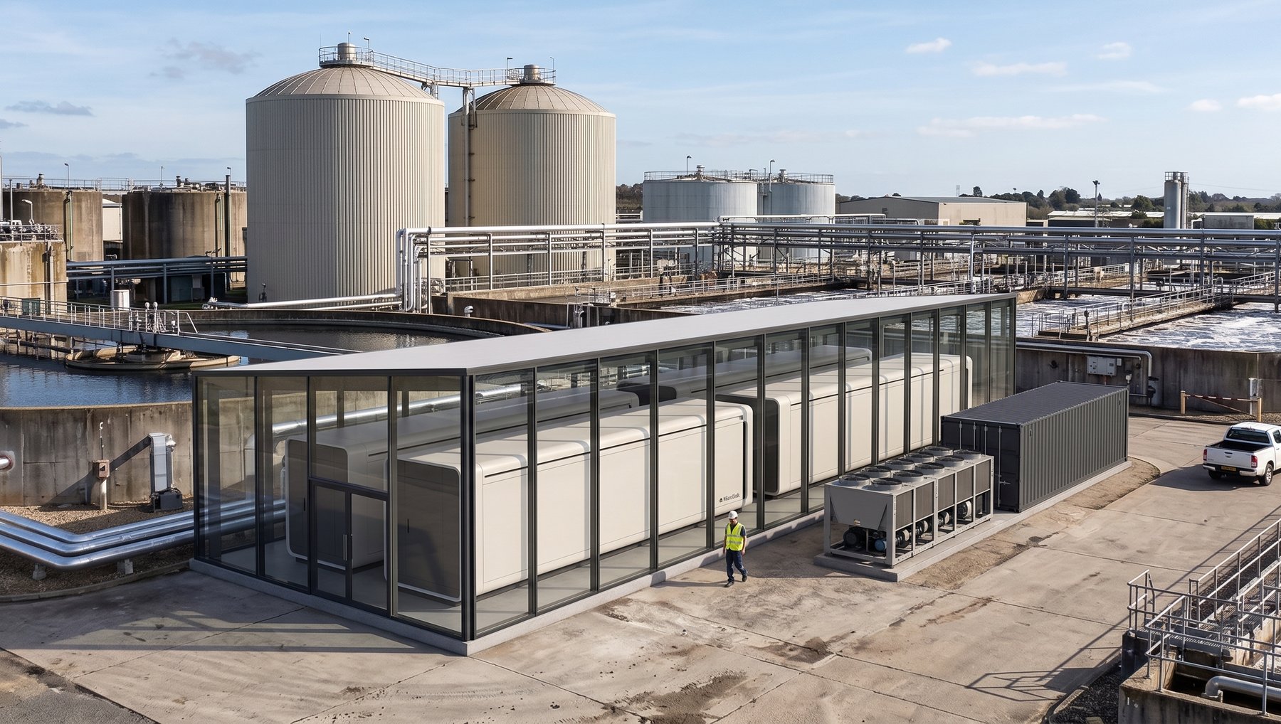 MicroLink pod behind glass at a wastewater treatment plant, digesters behind